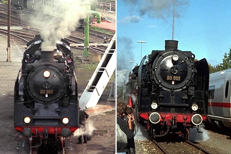 Links: 03 001 in Dresden (Mai 1996), rechts: in N&uuml;rnberg (Oktober 1999)