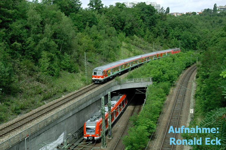 218 480 mit RE 19016 und S-Bahnzug (Baureihe 423) bei km 13,8 (August 2005)